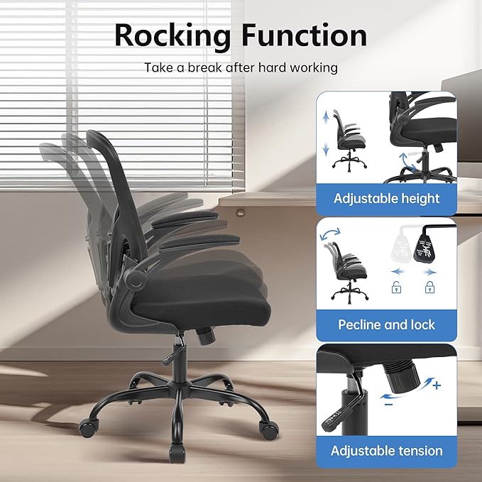 Office Chair, Ergonomic Desk Chairs High Back Mesh Computer Chair with Flip-up Armrests, Comfy Work Chair with Adjustable Lumbar Support, Rolling Swivel Executive Task Chair for Home Office Black