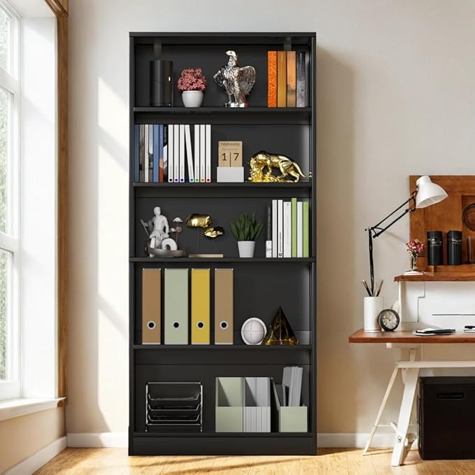 71" Tall Book Shelf, 5 Tier Large Bookshelf, Standing Wood Display Book Shelf for Living Room, Office, Library with Doors, 31.5" W x 70.87" H x 11.81" D, Black
