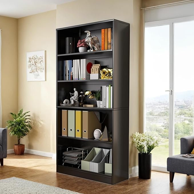 71" Tall Book Shelf, 5 Tier Large Bookshelf, Standing Wood Display Book Shelf for Living Room, Office, Library with Doors, 31.5" W x 70.87" H x 11.81" D, Black