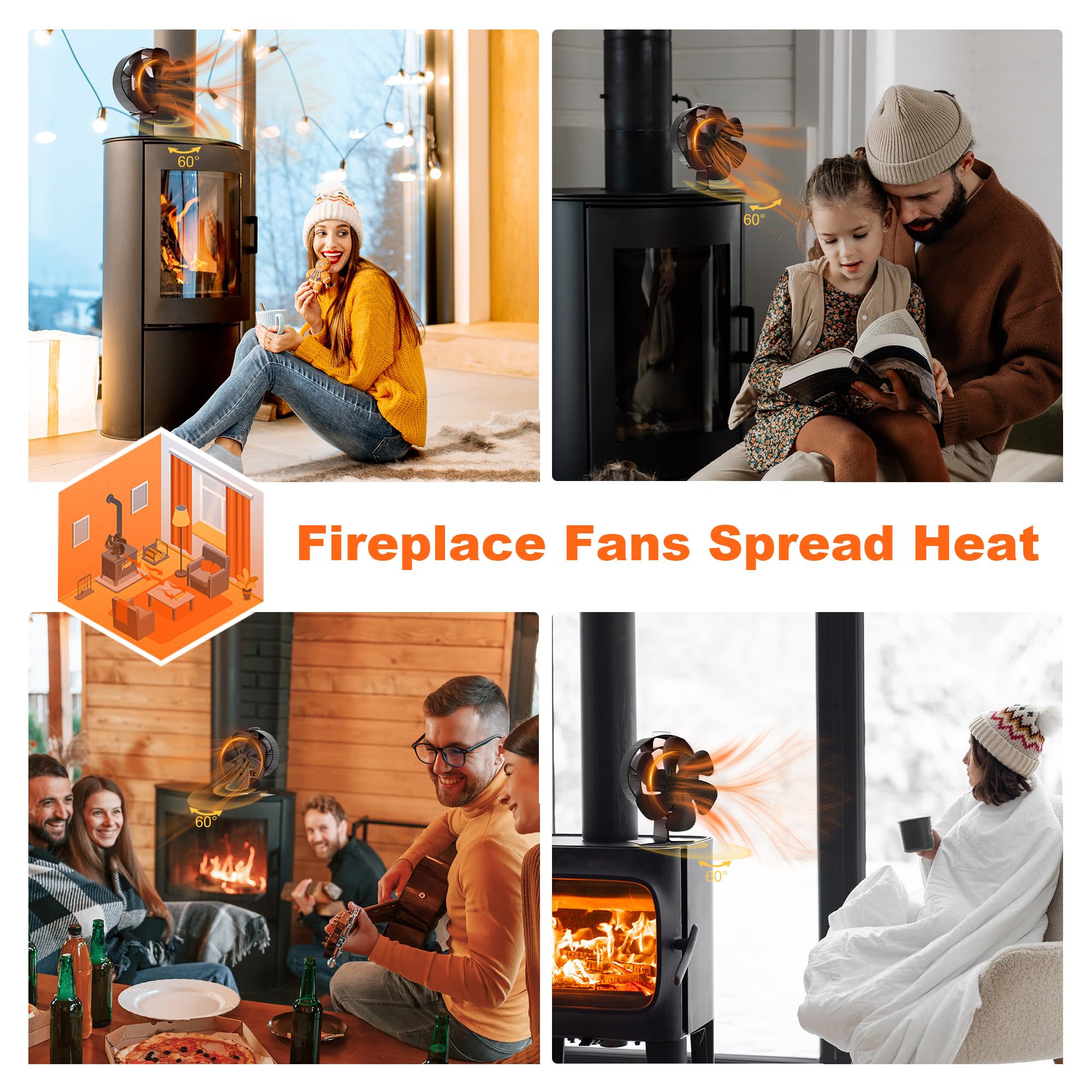 Oscillating Wood Stove Fan: Fireplace Fan with Wood Stove Magnetic Thermometer - 6 Blades Heat Powered Stove Fan for Wood/Log Burner/Fireplaces