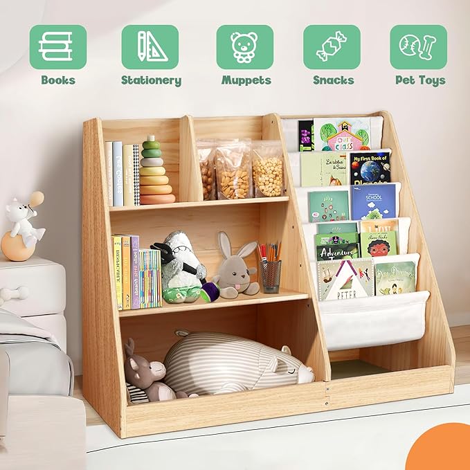 3 Tier Wooden Bookshelf for Kids: Five Layer Sling Children Bookcase - Toddler Book Toy Organizer Cabinet Chest for Playroom Nursery Classroom Library