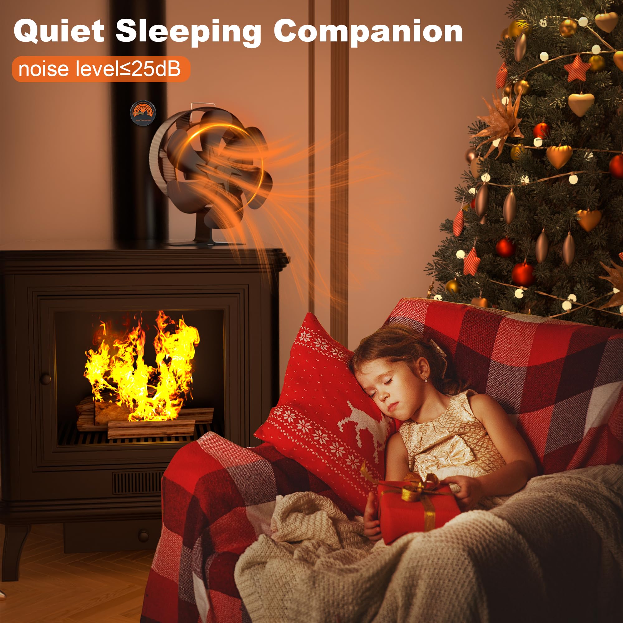 Oscillating Wood Stove Fan: Fireplace Fan with Wood Stove Magnetic Thermometer - 6 Blades Heat Powered Stove Fan for Wood/Log Burner/Fireplaces