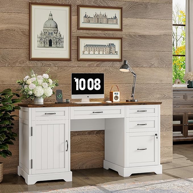 55'' Farmhouse Executive Desk, Home Office Desk with Drawers, Wood Computert Desk with File Cabinet and Power Outlets, White
