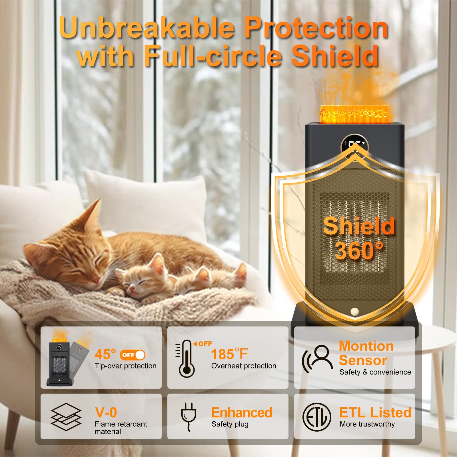 3-in-1 Space Heater- Humidifier/Sensor/ECO,Electric Heater with 90°Oscillating/Thermostat/12H Timer/Dual Control,Space Heater Indoor with 3D Flame Ambiance/Heater Heat Up 260 sq.ft(Obsidian Black)