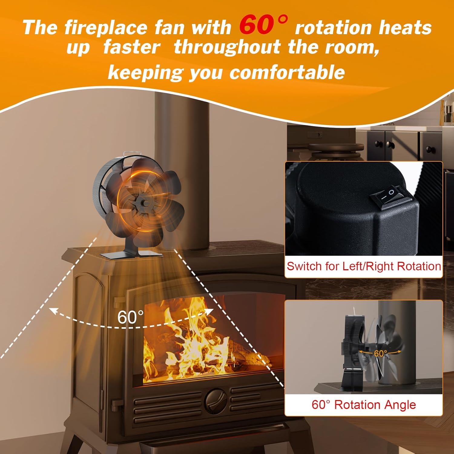 Oscillating Wood Stove Fan: Fireplace Fan with Wood Stove Magnetic Thermometer - 6 Blades Heat Powered Stove Fan for Wood/Log Burner/Fireplaces