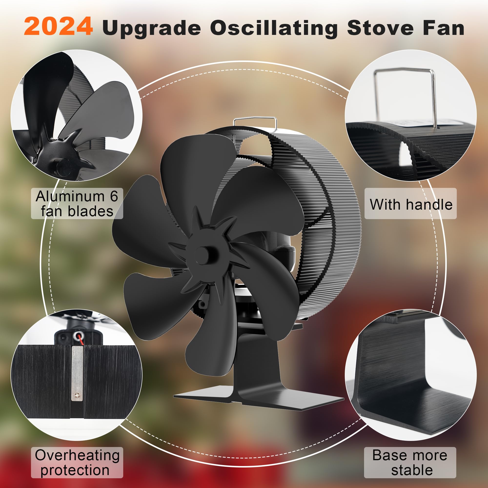 Oscillating Wood Stove Fan: Fireplace Fan with Wood Stove Magnetic Thermometer - 6 Blades Heat Powered Stove Fan for Wood/Log Burner/Fireplaces
