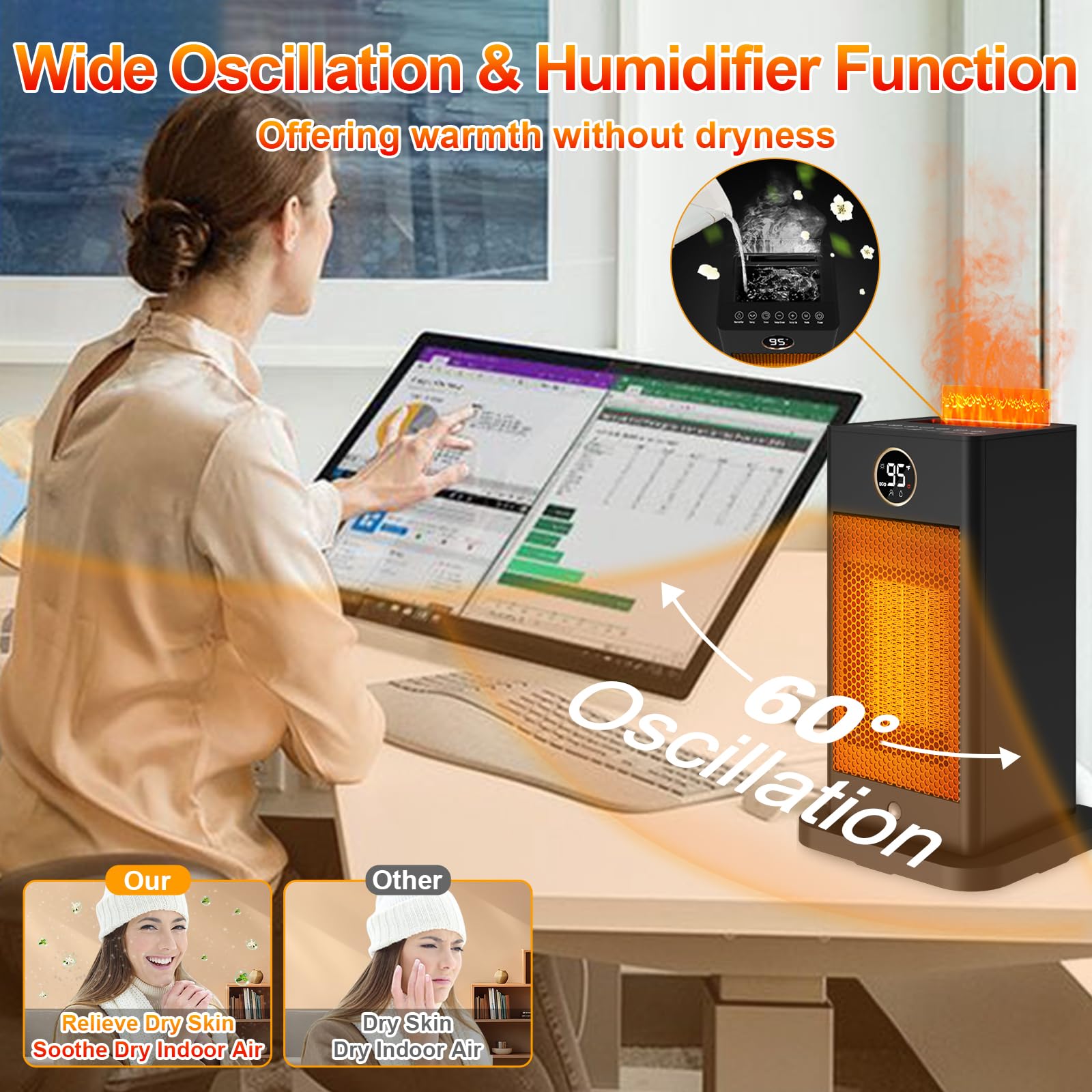 3-in-1 Space Heater- Humidifier/Sensor/ECO,Electric Heater with 90°Oscillating/Thermostat/12H Timer/Dual Control,Space Heater Indoor with 3D Flame Ambiance/Heater Heat Up 260 sq.ft(Obsidian Black)