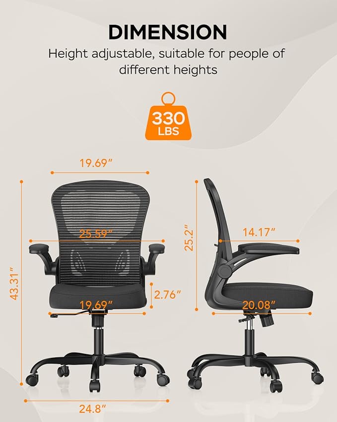 Office Chair, Ergonomic Desk Chairs High Back Mesh Computer Chair with Flip-up Armrests, Comfy Work Chair with Adjustable Lumbar Support, Rolling Swivel Executive Task Chair for Home Office Black