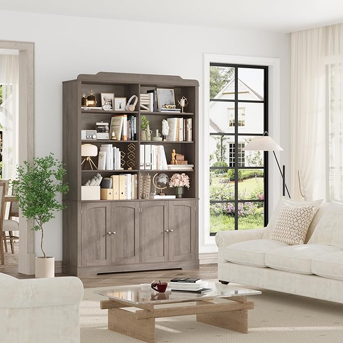 73.1" Bookcase with Doors,6 Tier Large Bookshelf with Storage,Adjustable Shelves & Curved Doors,11.9" Depth Bookcase and Bookshelf, Tall Storage Cabinet for Home Office, Wash Gray