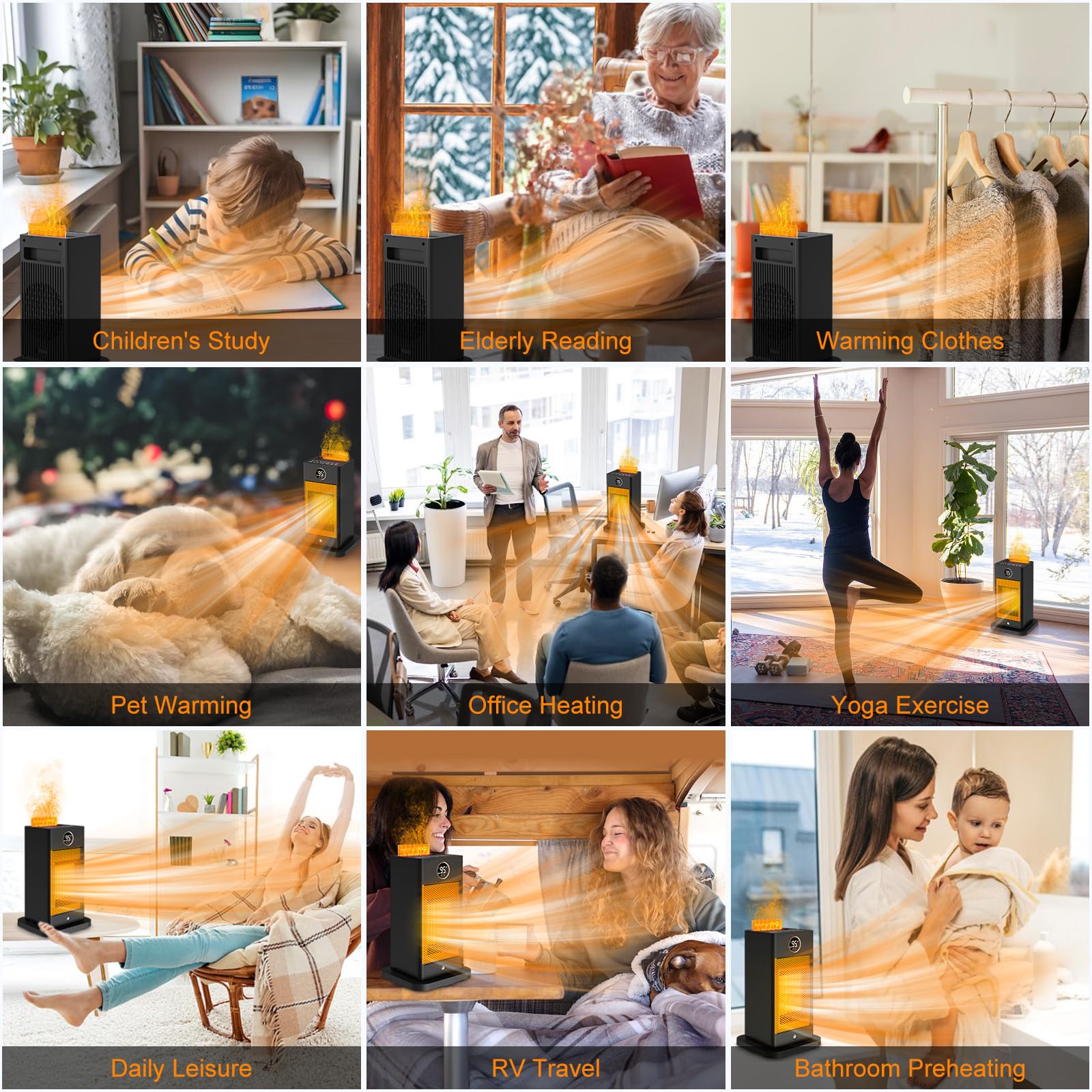3-in-1 Space Heater- Humidifier/Sensor/ECO,Electric Heater with 90°Oscillating/Thermostat/12H Timer/Dual Control,Space Heater Indoor with 3D Flame Ambiance/Heater Heat Up 260 sq.ft(Obsidian Black)