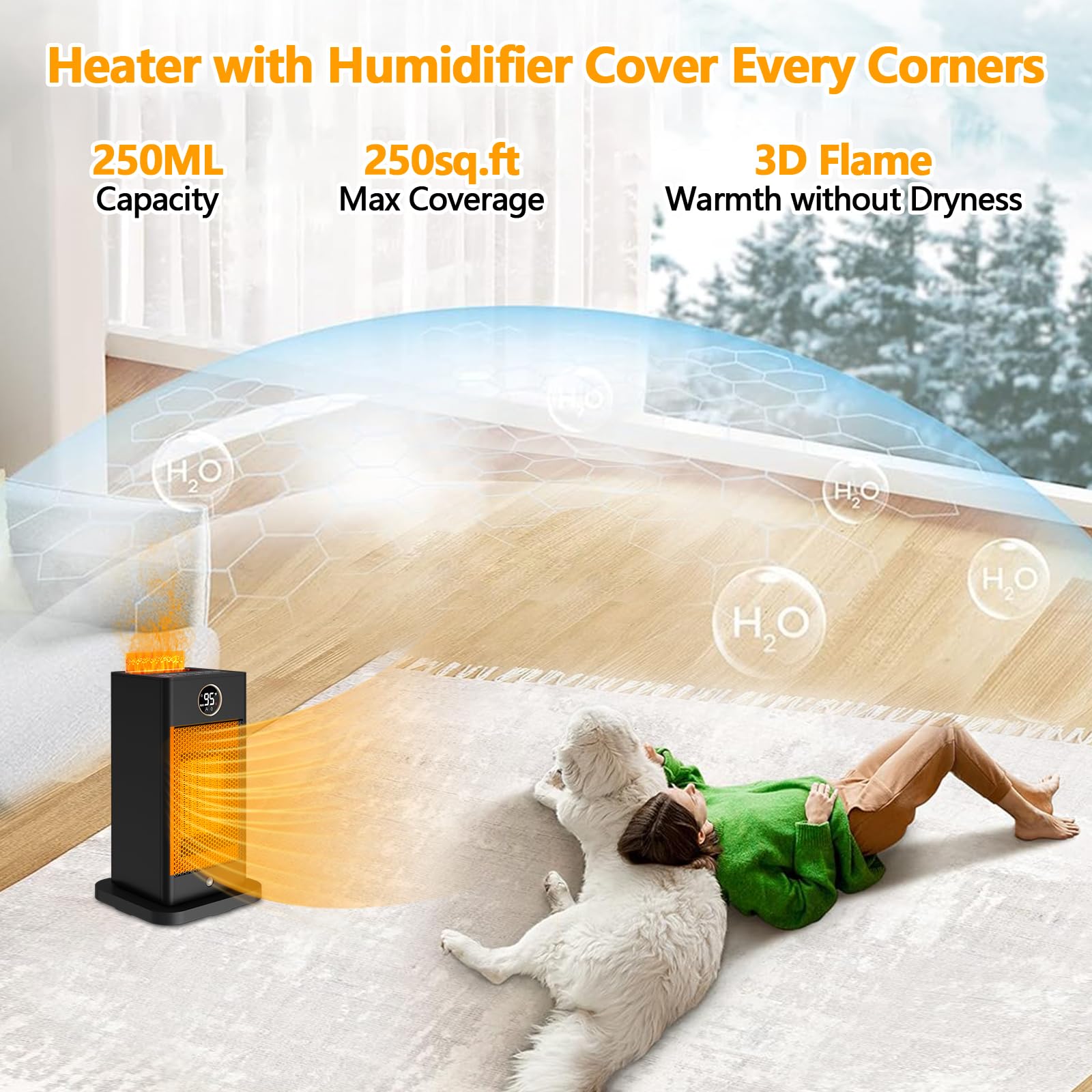 3-in-1 Space Heater- Humidifier/Sensor/ECO,Electric Heater with 90°Oscillating/Thermostat/12H Timer/Dual Control,Space Heater Indoor with 3D Flame Ambiance/Heater Heat Up 260 sq.ft(Obsidian Black)