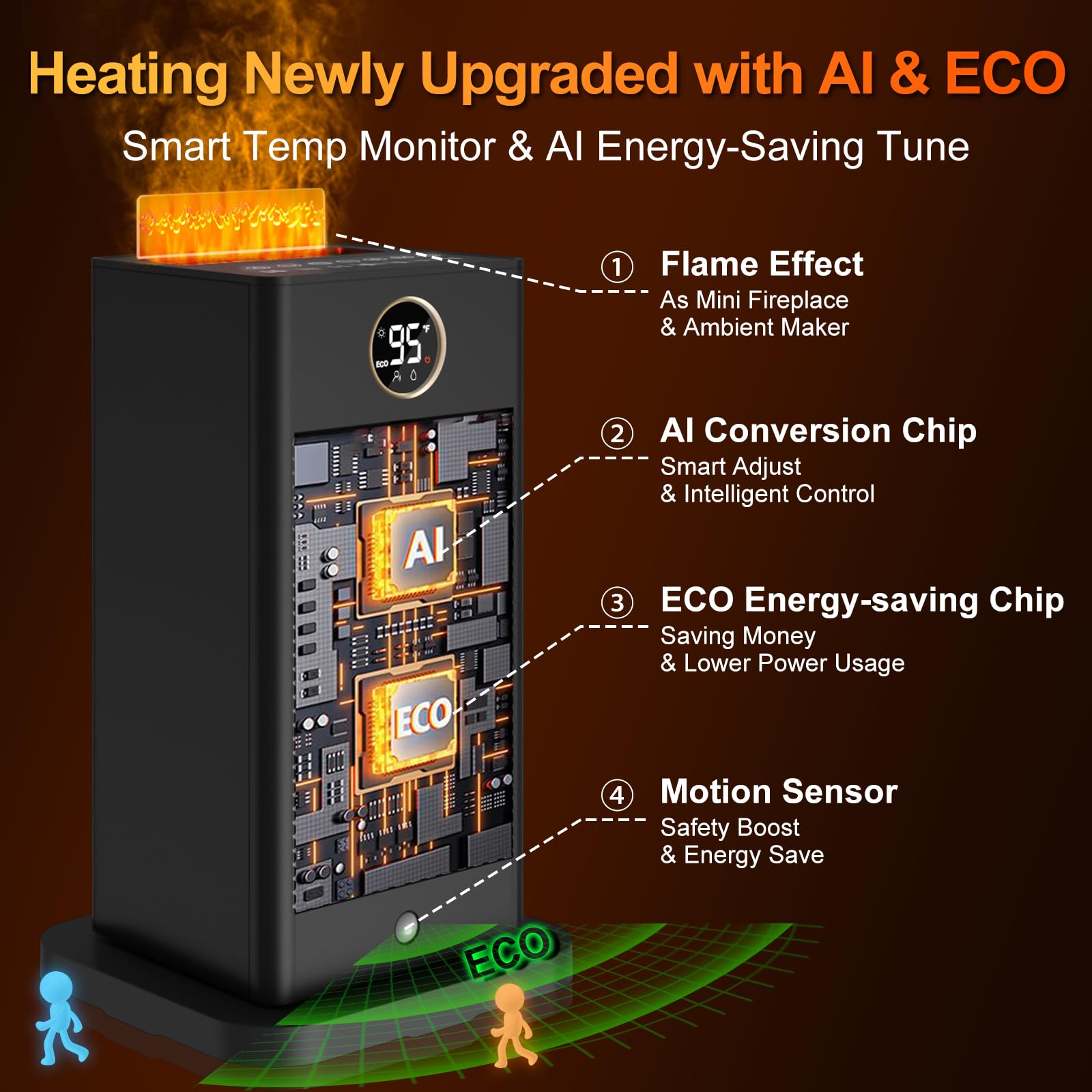 3-in-1 Space Heater- Humidifier/Sensor/ECO,Electric Heater with 90°Oscillating/Thermostat/12H Timer/Dual Control,Space Heater Indoor with 3D Flame Ambiance/Heater Heat Up 260 sq.ft(Obsidian Black)