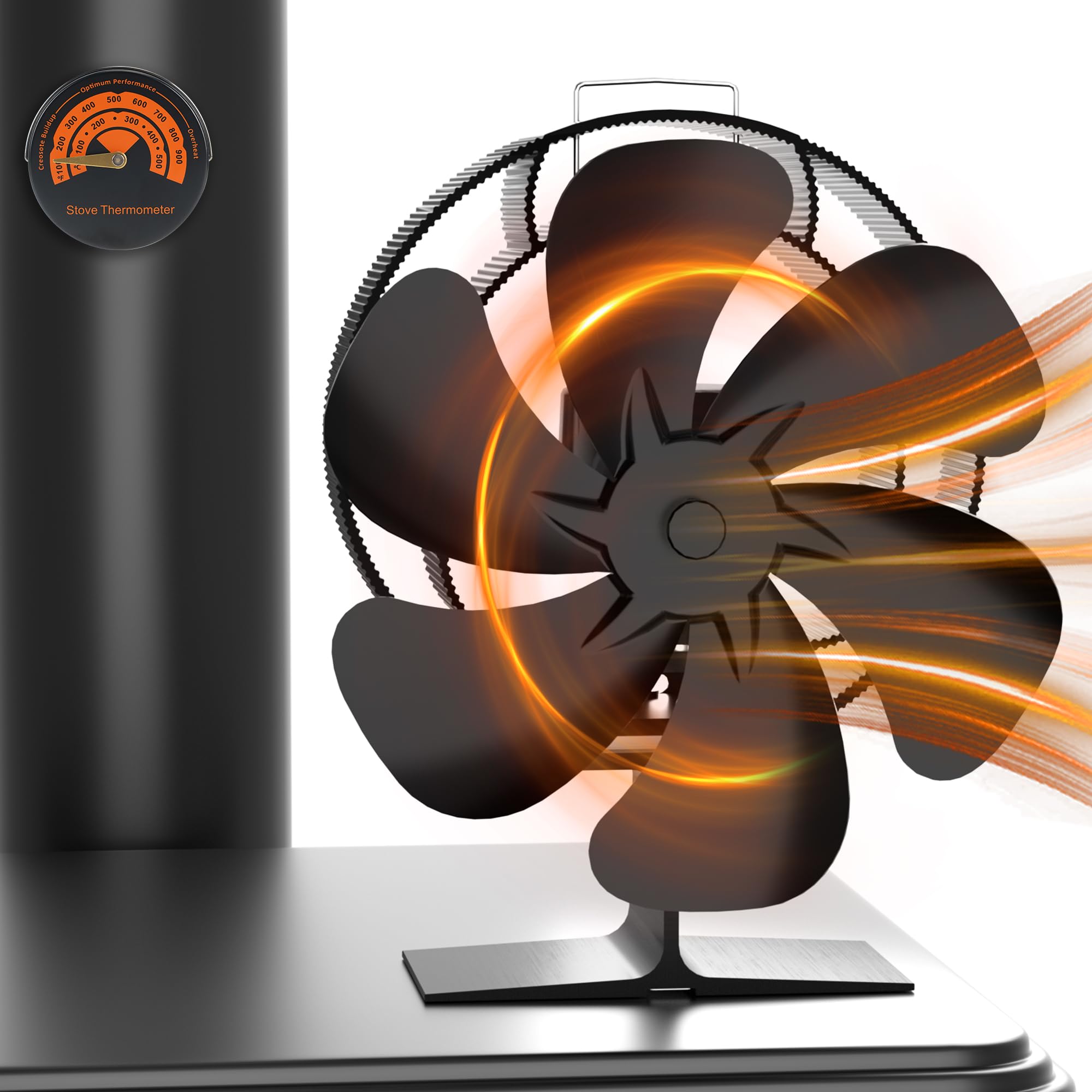 Oscillating Wood Stove Fan: Fireplace Fan with Wood Stove Magnetic Thermometer - 6 Blades Heat Powered Stove Fan for Wood/Log Burner/Fireplaces
