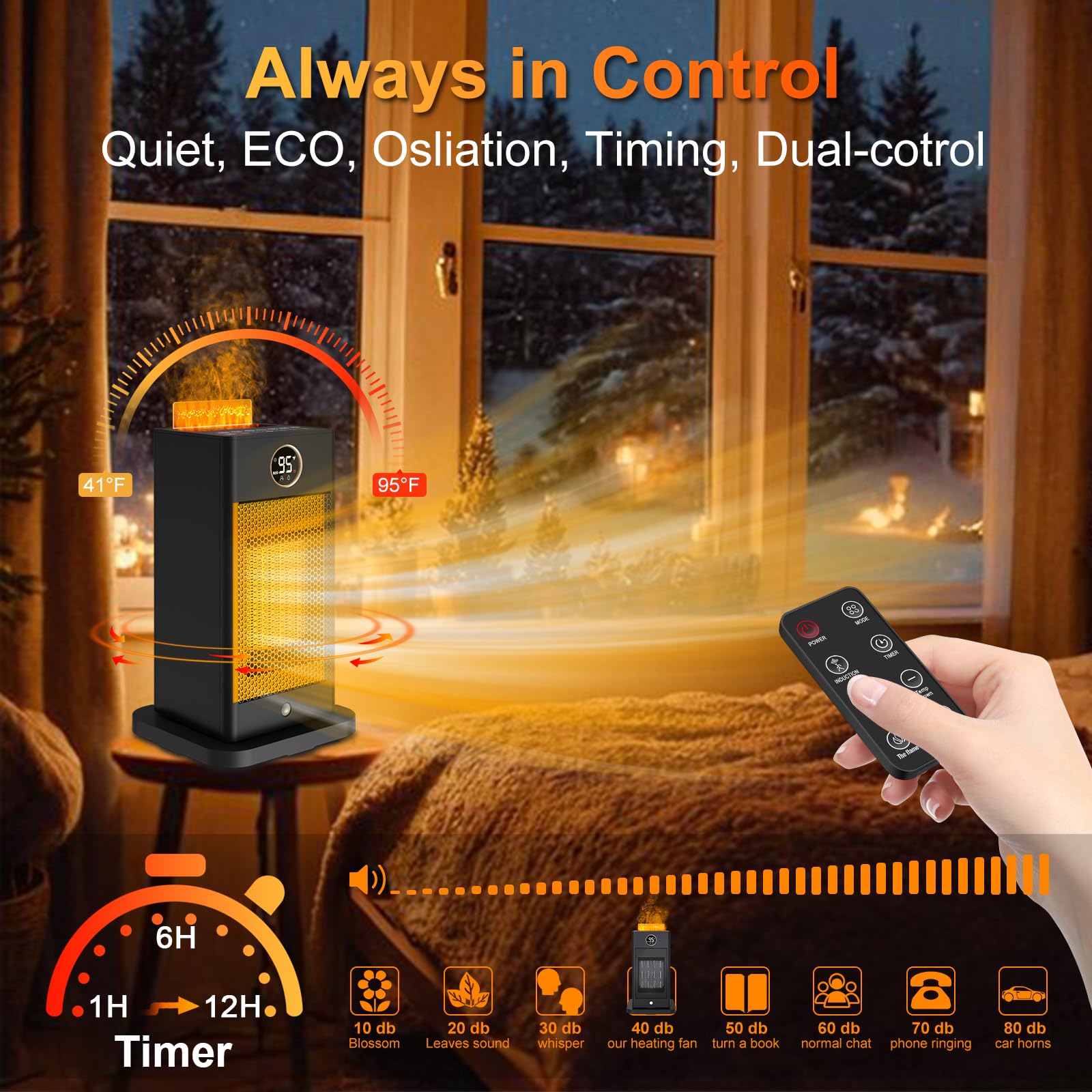 3-in-1 Space Heater- Humidifier/Sensor/ECO,Electric Heater with 90°Oscillating/Thermostat/12H Timer/Dual Control,Space Heater Indoor with 3D Flame Ambiance/Heater Heat Up 260 sq.ft(Obsidian Black)
