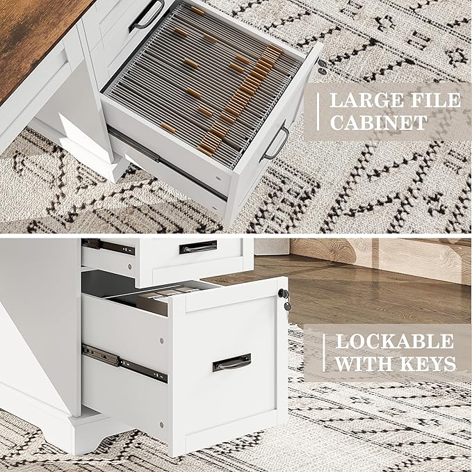 55'' Farmhouse Executive Desk, Home Office Desk with Drawers, Wood Computert Desk with File Cabinet and Power Outlets, White