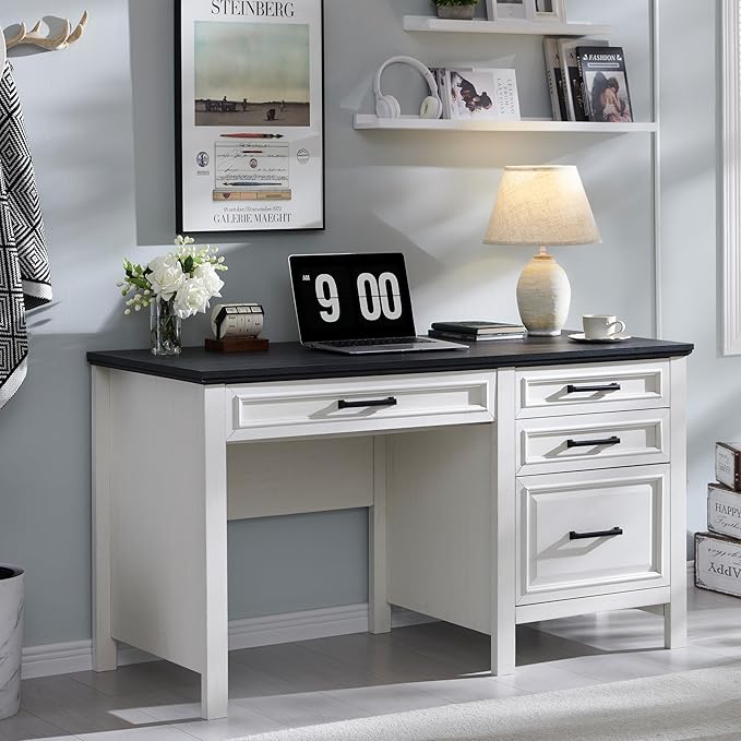 53INCH Home Office Desk, Modern Farmhouse Computer Desk with File Cabinet Letter T4 F4 Legal, Study Writing Desk, Off White