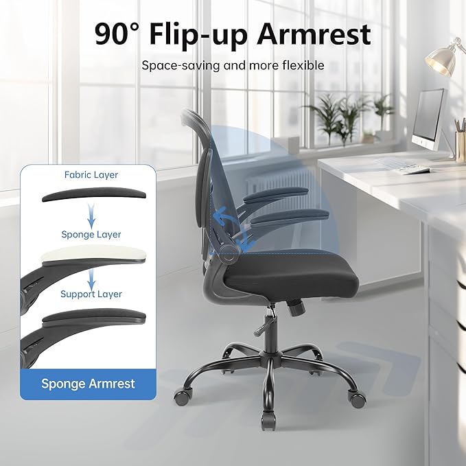 Office Chair, Ergonomic Desk Chairs High Back Mesh Computer Chair with Flip-up Armrests, Comfy Work Chair with Adjustable Lumbar Support, Rolling Swivel Executive Task Chair for Home Office Black