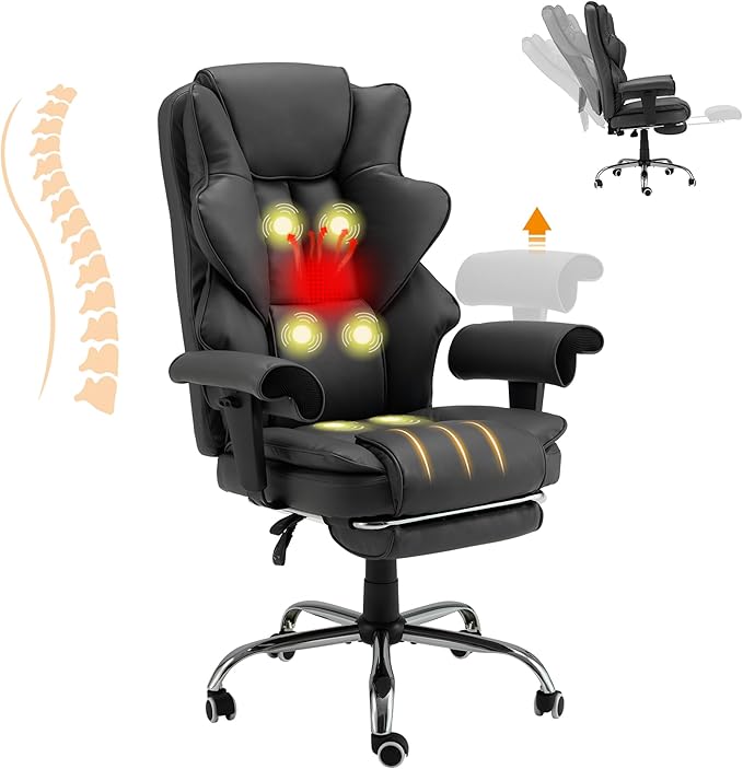 6-Point Massage Office Chair,Heating Executive Chair,Ergonomic Home Office Desk Chair with Retractable Footrest and Reclining Function,Leather Computer Chair with Adjustable Armrest(Grey)