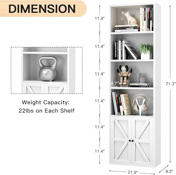 71" Tall Bookcase Bookshelf with Doors, 6-Tier Wooden Floor Standing Display Shelves Storage Cabinet, Home Decor Furniture for Home Office, Living Room, Bedroom, White