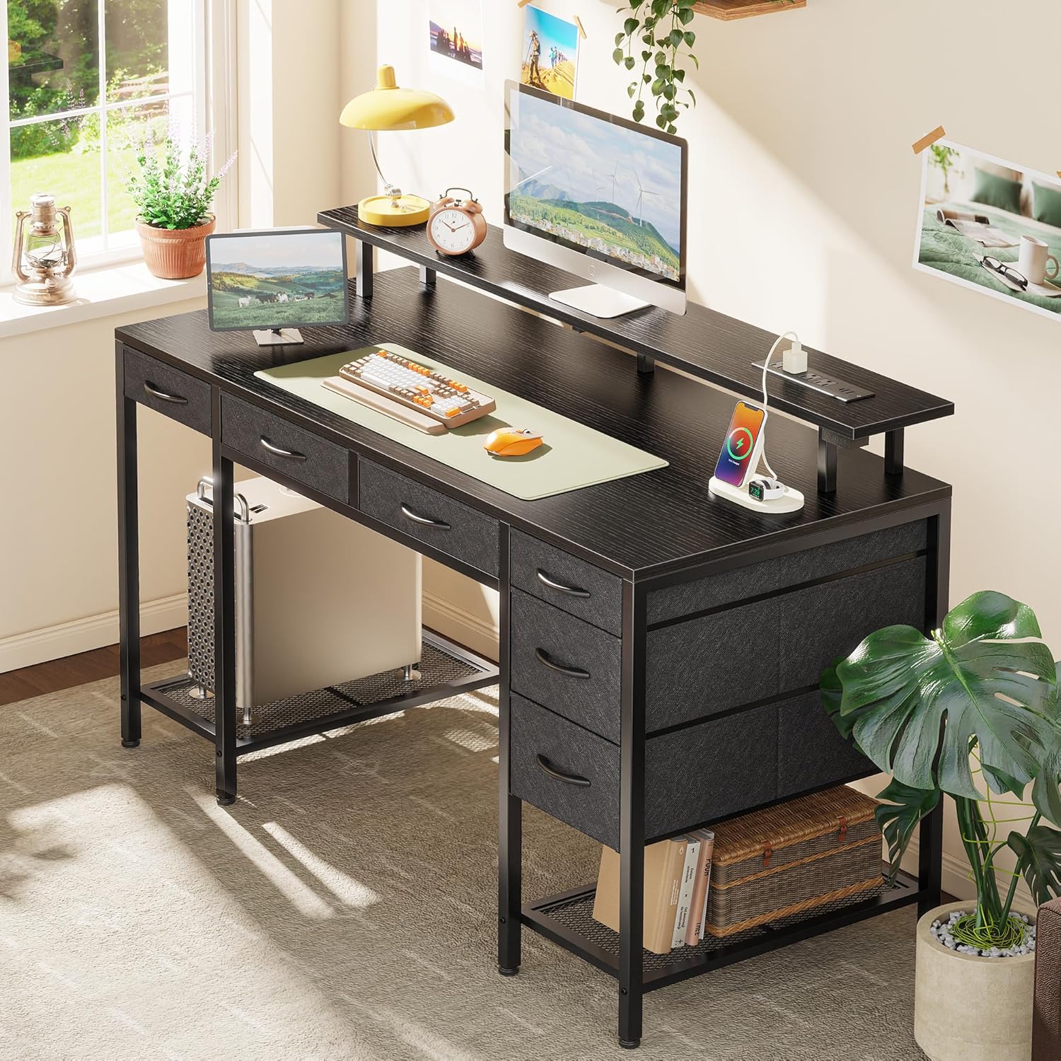 Computer Desk with Power Outlets and LED Lights, 47 Inch Gaming Desk with 6 Drawers, Office Desk with Monitor Stand, Writing Desk Work Desk, Mesh Shelves, Black