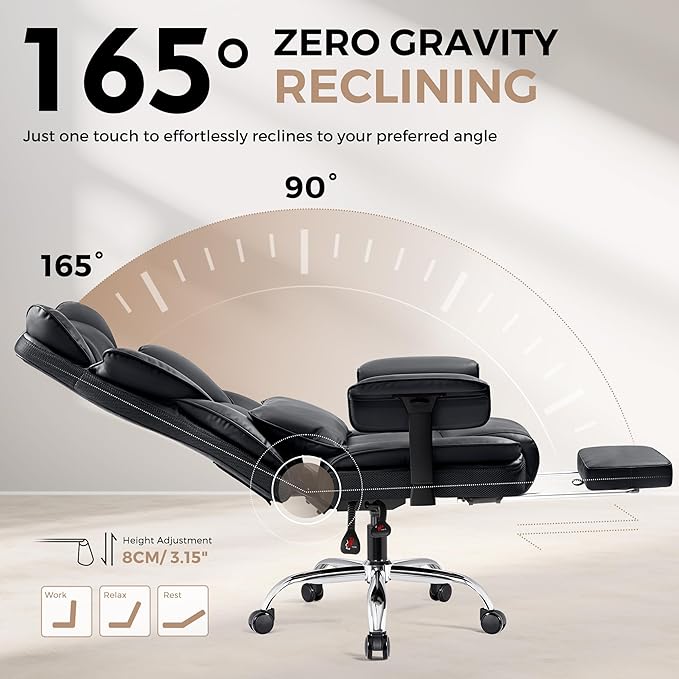 Home Office Desk Chair 500Lb, Comfy Ergonomic Office Chair with Footrest, PU Leather Office Desk Chairs for Heavy People, High Back Executive Office Chair with Lumbar Support, Black