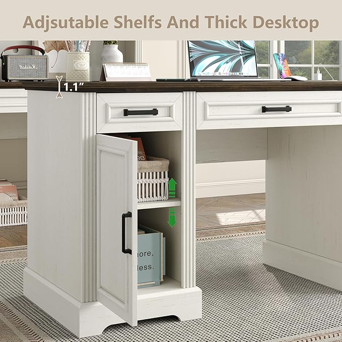 58" Executive Desk, Farmhouse Computer Desk with Drawers and Cabinet with Charging Station, Wooden Home Office Desk, Workspace for Work Study Writing, Brown Tabletop, Off White