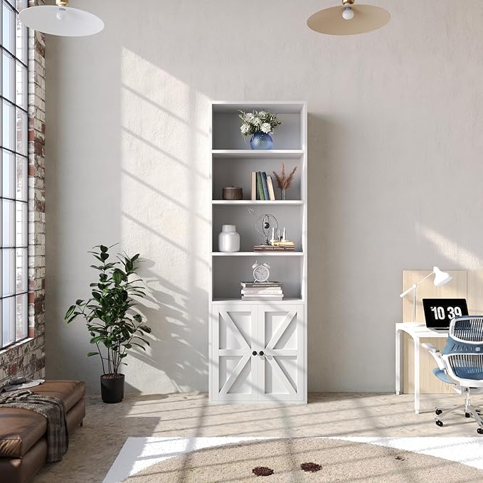 71" Tall Bookcase Bookshelf with Doors, 6-Tier Wooden Floor Standing Display Shelves Storage Cabinet, Home Decor Furniture for Home Office, Living Room, Bedroom, White