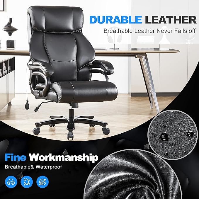 Big and Tall Office Chair 500LBS, Executive Office Chair for Heavy People, Heavy Duty Office Chair for Long Hours, Breathable Leather Ergonomic Office Chair for Back Pain Relief, Black