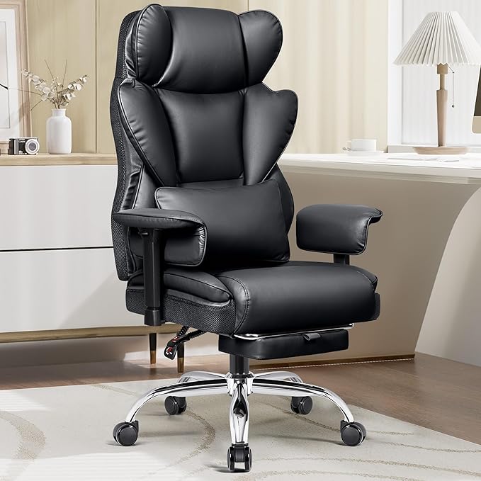 Home Office Desk Chair 500Lb, Comfy Ergonomic Office Chair with Footrest, PU Leather Office Desk Chairs for Heavy People, High Back Executive Office Chair with Lumbar Support, Black