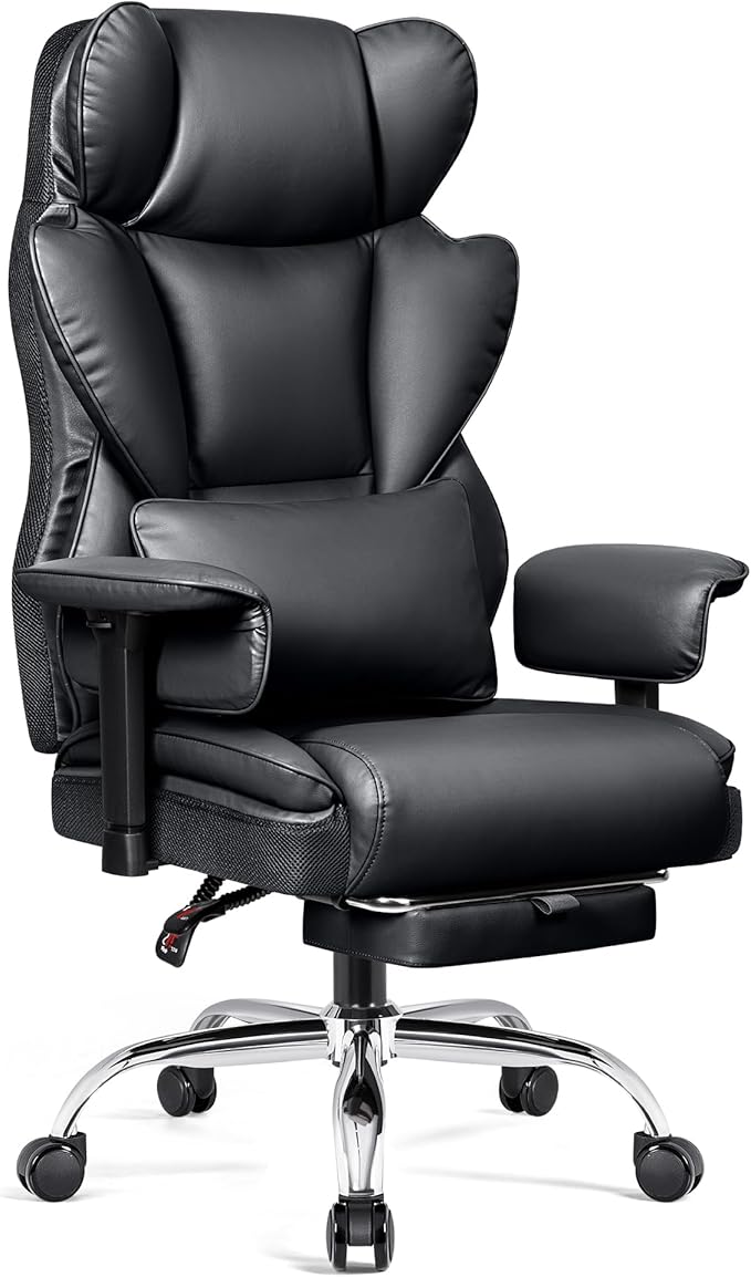 Home Office Desk Chair 500Lb, Comfy Ergonomic Office Chair with Footrest, PU Leather Office Desk Chairs for Heavy People, High Back Executive Office Chair with Lumbar Support, Black