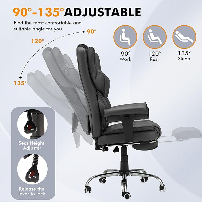 6-Point Massage Office Chair,Heating Executive Chair,Ergonomic Home Office Desk Chair with Retractable Footrest and Reclining Function,Leather Computer Chair with Adjustable Armrest(Grey)