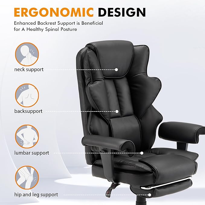 6-Point Massage Office Chair,Heating Executive Chair,Ergonomic Home Office Desk Chair with Retractable Footrest and Reclining Function,Leather Computer Chair with Adjustable Armrest(Grey)