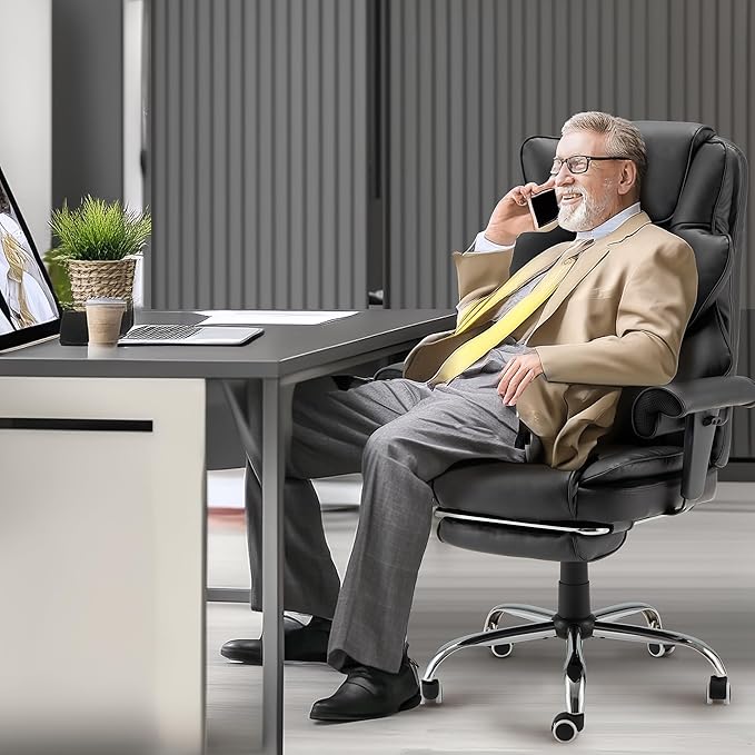 6-Point Massage Office Chair,Heating Executive Chair,Ergonomic Home Office Desk Chair with Retractable Footrest and Reclining Function,Leather Computer Chair with Adjustable Armrest(Grey)