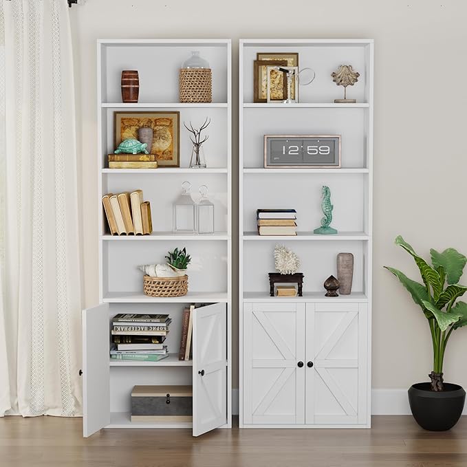 71" Tall Bookcase Bookshelf with Doors, 6-Tier Wooden Floor Standing Display Shelves Storage Cabinet, Home Decor Furniture for Home Office, Living Room, Bedroom, White