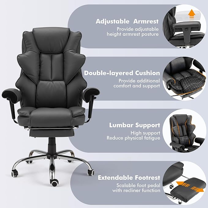 6-Point Massage Office Chair,Heating Executive Chair,Ergonomic Home Office Desk Chair with Retractable Footrest and Reclining Function,Leather Computer Chair with Adjustable Armrest(Grey)