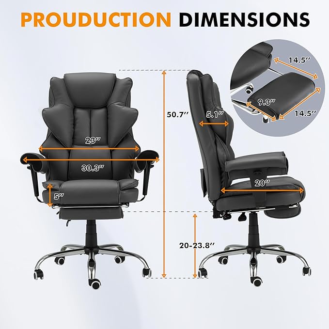 6-Point Massage Office Chair,Heating Executive Chair,Ergonomic Home Office Desk Chair with Retractable Footrest and Reclining Function,Leather Computer Chair with Adjustable Armrest(Grey)