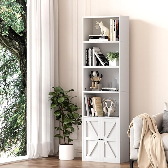71" Tall Bookcase Bookshelf with Doors, 6-Tier Wooden Floor Standing Display Shelves Storage Cabinet, Home Decor Furniture for Home Office, Living Room, Bedroom, White