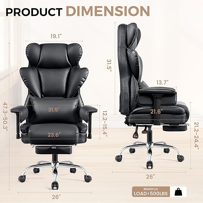 Home Office Desk Chair 500Lb, Comfy Ergonomic Office Chair with Footrest, PU Leather Office Desk Chairs for Heavy People, High Back Executive Office Chair with Lumbar Support, Black