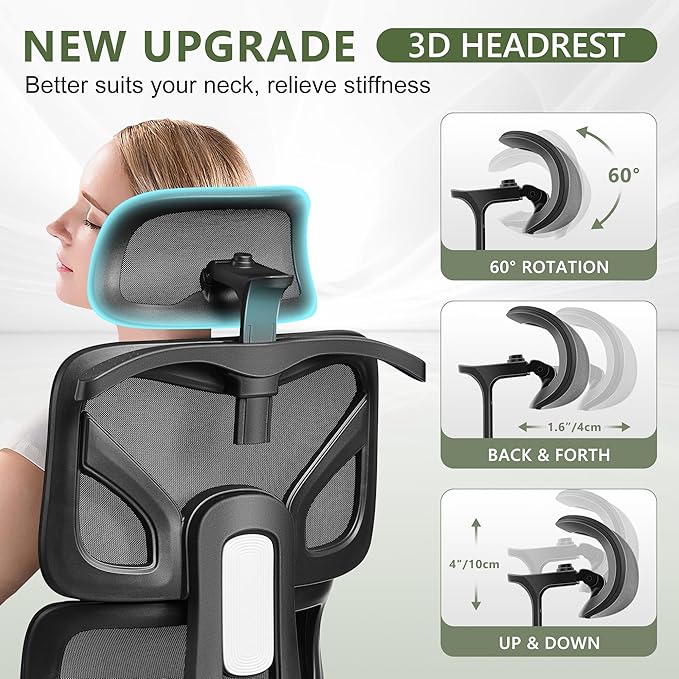 Office Chair Ergonomic Desk Chair, High Back Gaming Chair, Big and Tall Reclining Chair Breathable Mesh Comfy Home Office Desk Chair Lumbar Support Computer Chair Adjustable Arms, 3D Headrest (Black)