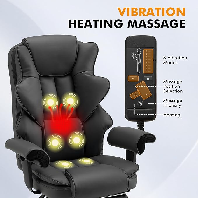 6-Point Massage Office Chair,Heating Executive Chair,Ergonomic Home Office Desk Chair with Retractable Footrest and Reclining Function,Leather Computer Chair with Adjustable Armrest(Grey)