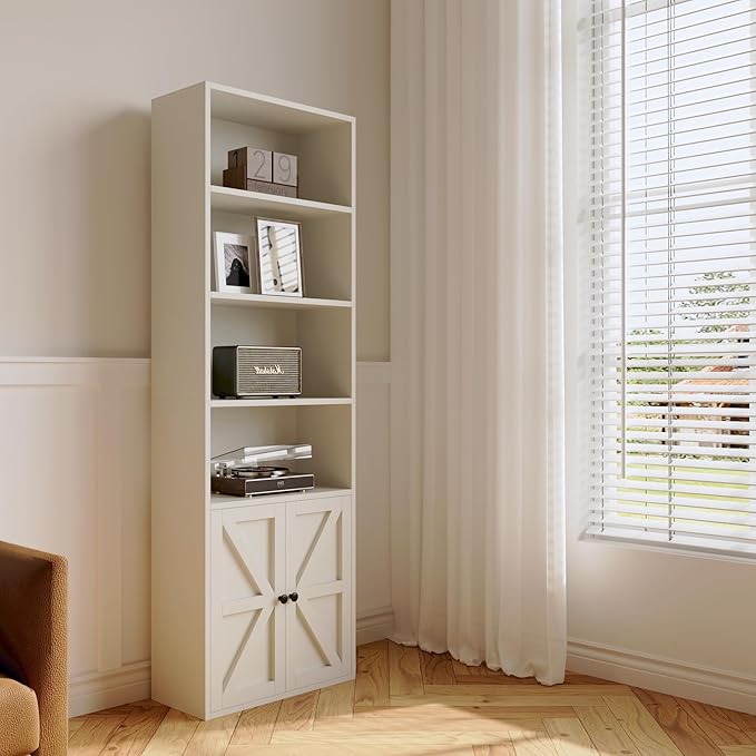 71" Tall Bookcase Bookshelf with Doors, 6-Tier Wooden Floor Standing Display Shelves Storage Cabinet, Home Decor Furniture for Home Office, Living Room, Bedroom, White