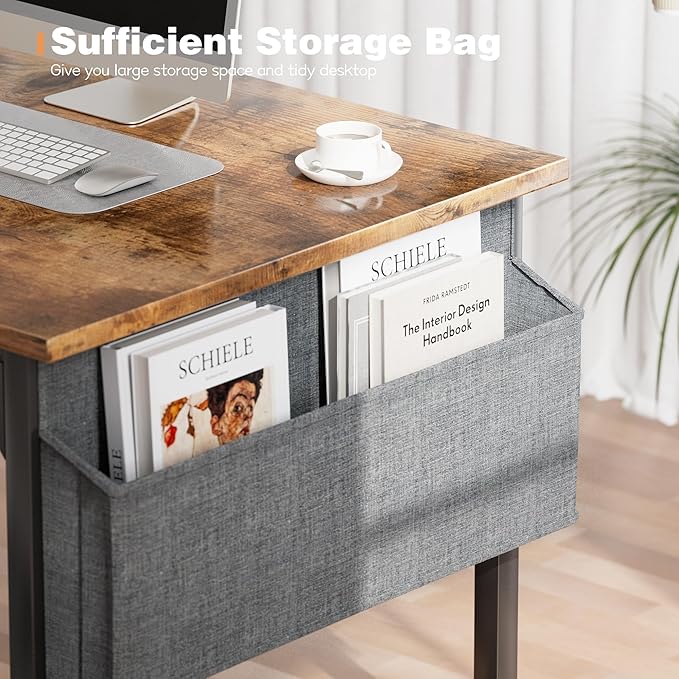 48 inch Computer Desk Modern Simple Style Woodern Table with Storage Bag and Hook for Home, Office, Study, Writing, Rustic Brown