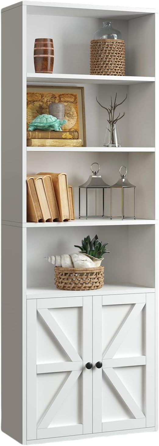 71" Tall Bookcase Bookshelf with Doors, 6-Tier Wooden Floor Standing Display Shelves Storage Cabinet, Home Decor Furniture for Home Office, Living Room, Bedroom, White