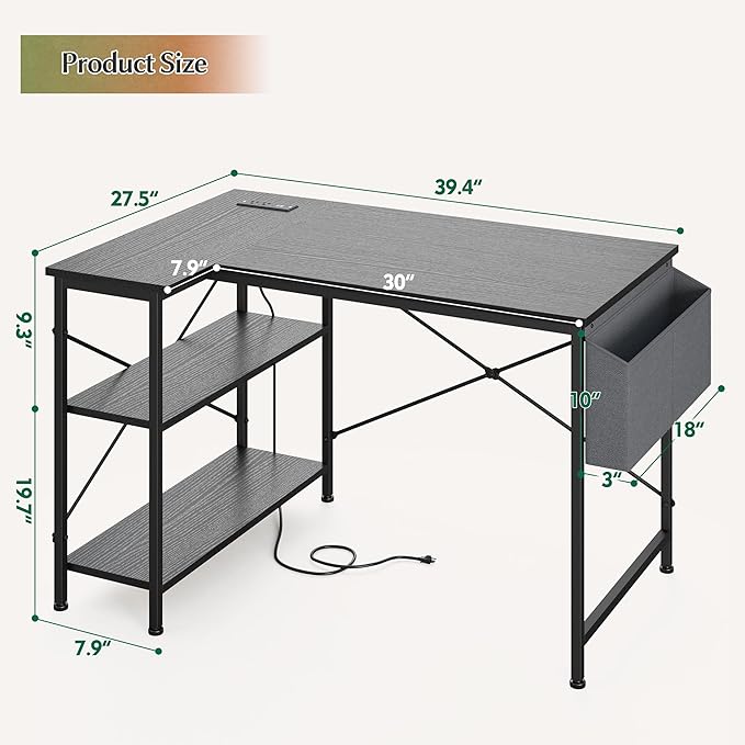 L Shaped Computer Desk with File Drawer & Power Outlet, 39 Inch Home Office Desk Corner Desk for Small Space, Bedroom Work, Black