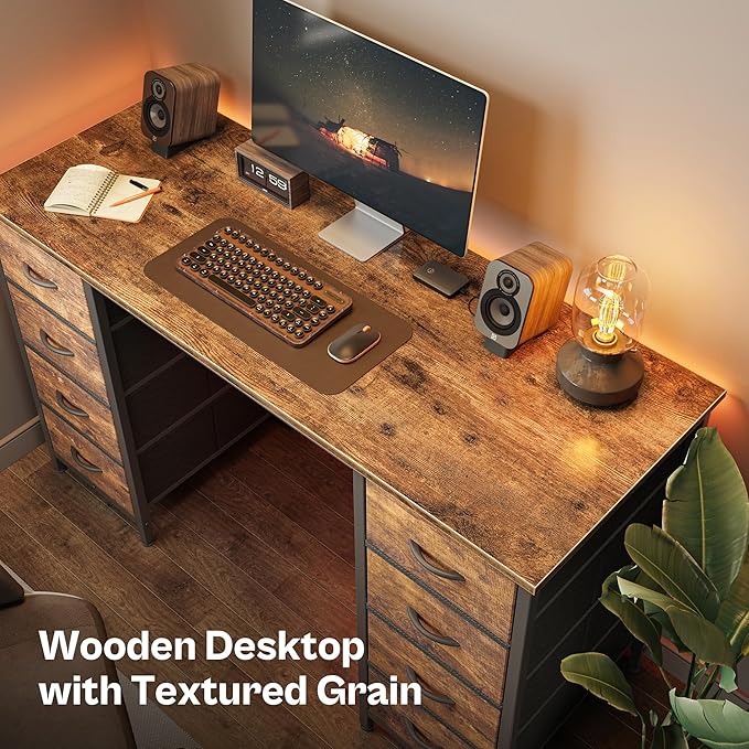 47 Inch Computer Desk with 8 Drawers, Office Desk Work Desk for Home Office, Study, Gaming Desk with Fabric Drawers, Large Storage, Rustic Brown