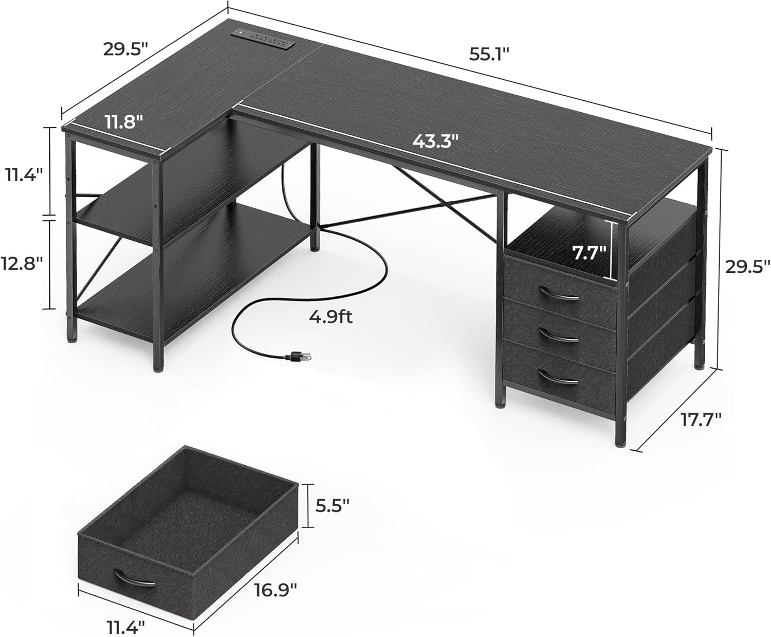 Shaped Desk with Power Outlets, Computer Desk with 3 Drawers,Office Desk with Shelves, Gaming Desk, Corner Desk Work Desk for Home Office, Study, Rustic Brown