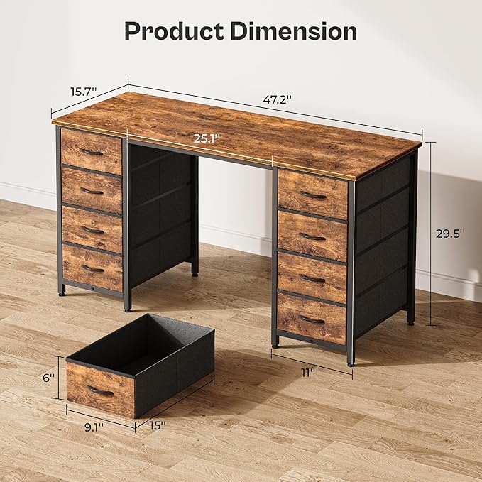 47 Inch Computer Desk with 8 Drawers, Office Desk Work Desk for Home Office, Study, Gaming Desk with Fabric Drawers, Large Storage, Rustic Brown