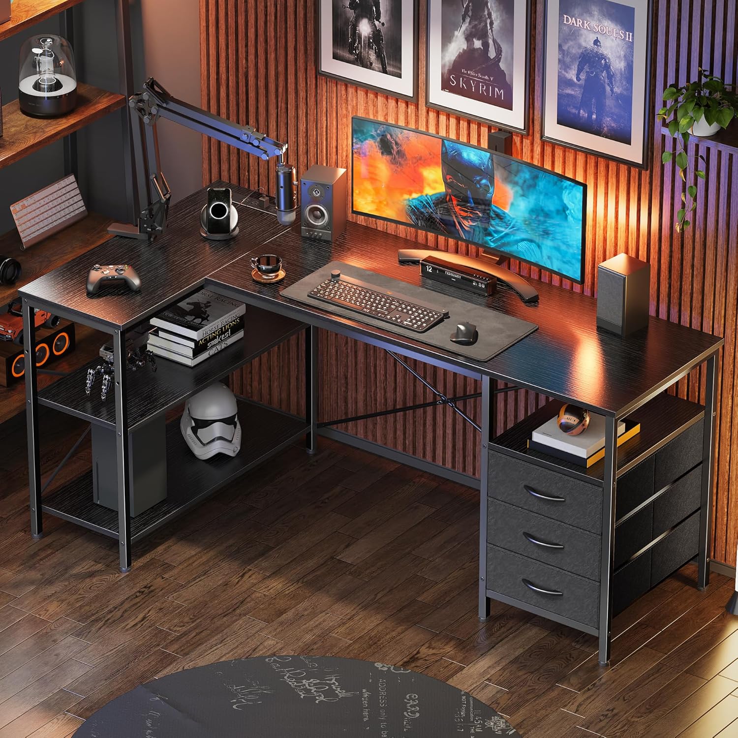 Shaped Desk with Power Outlets, Computer Desk with 3 Drawers,Office Desk with Shelves, Gaming Desk, Corner Desk Work Desk for Home Office, Study, Rustic Brown