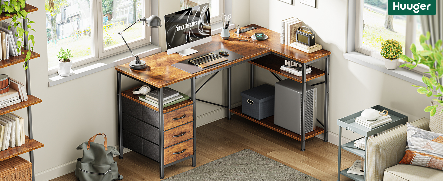L Shaped Desk with Power Outlets, Computer Desk with 3 Drawers, 47 Inch Office Desk with Shelves, Gaming Desk, Corner Desk Work Desk for Home Office, Study, Rustic Brown