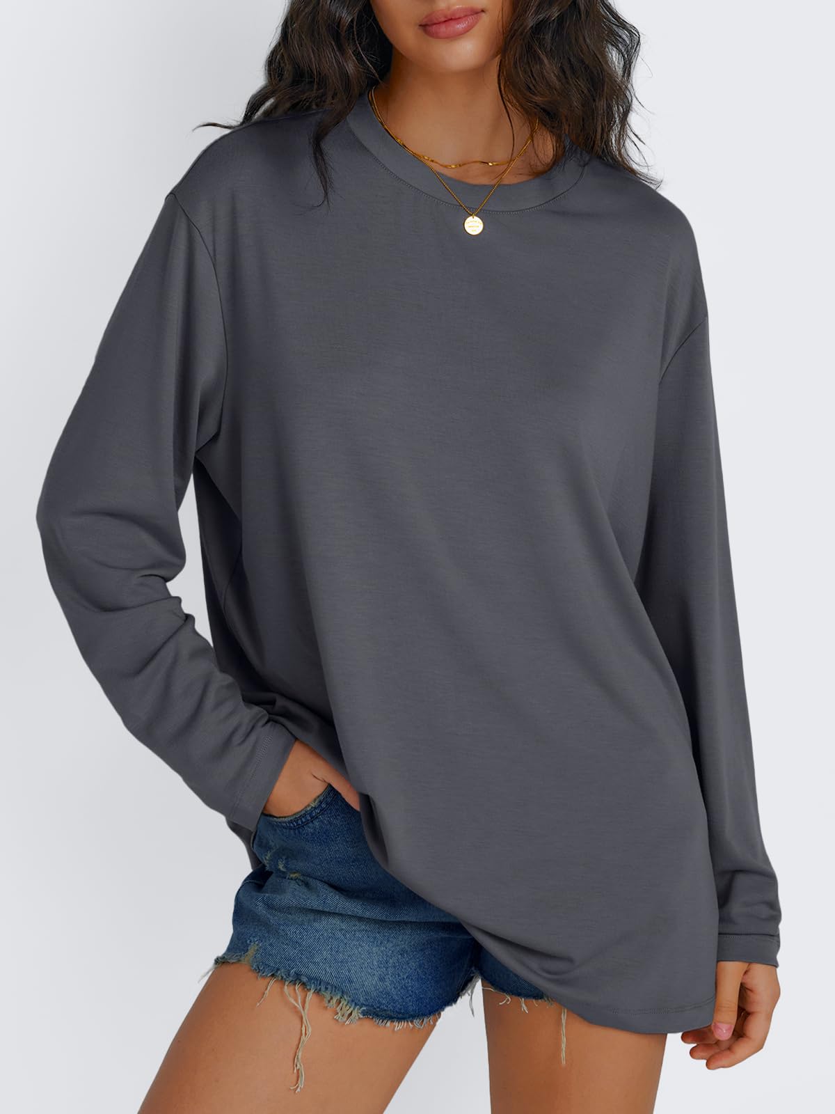 Trendy Queen Womens Oversized Long Sleeve T Shirts Basic Crewneck Tee Fall Tops Casual Workout Fashion Casual Clothes